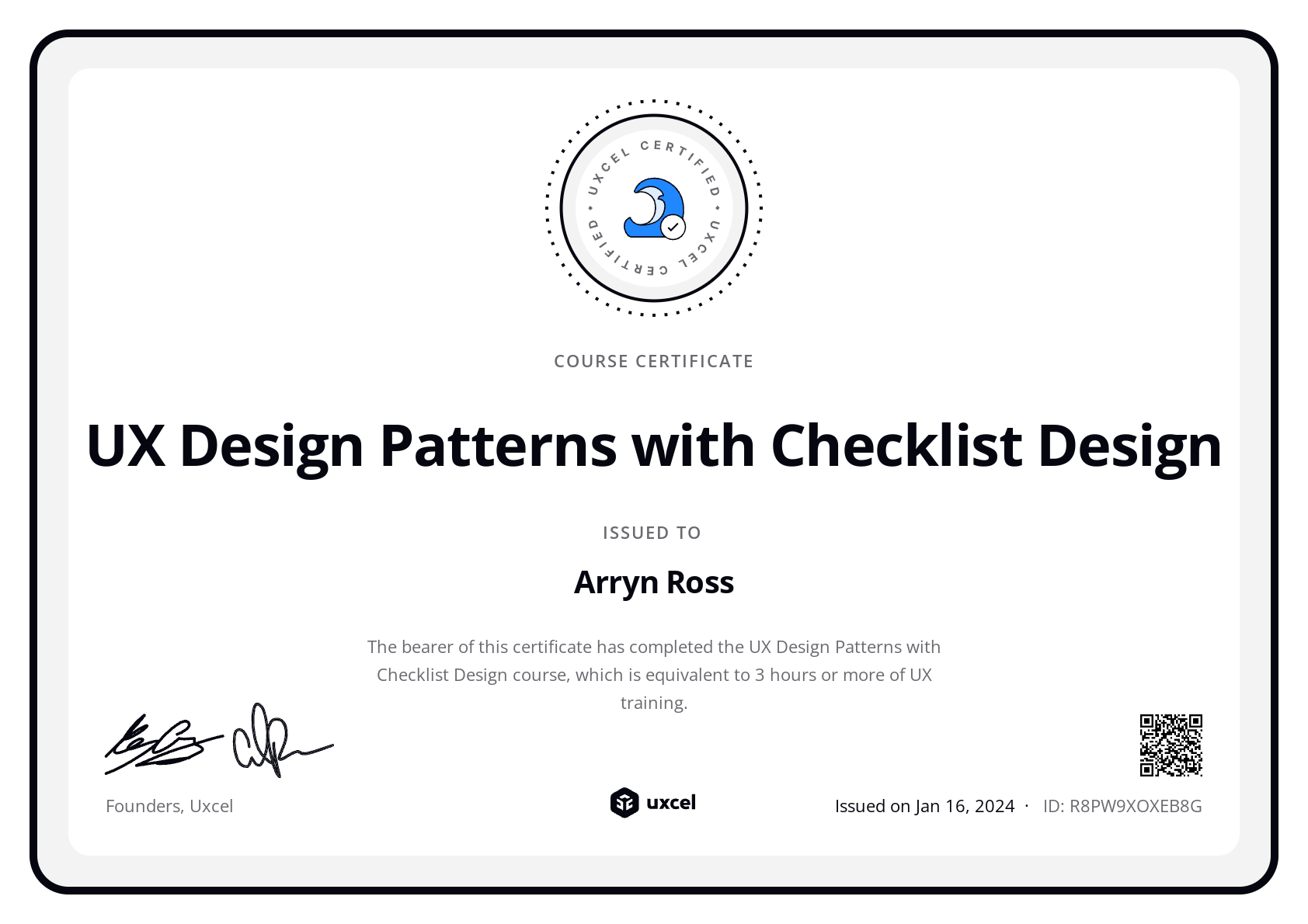 Arryn Ross's certificate